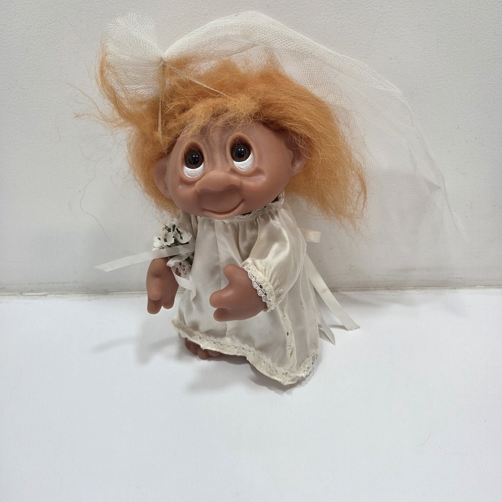 Original 1985 Thomas Dam Troll Doll Orange Hair Bride (Damaged)
